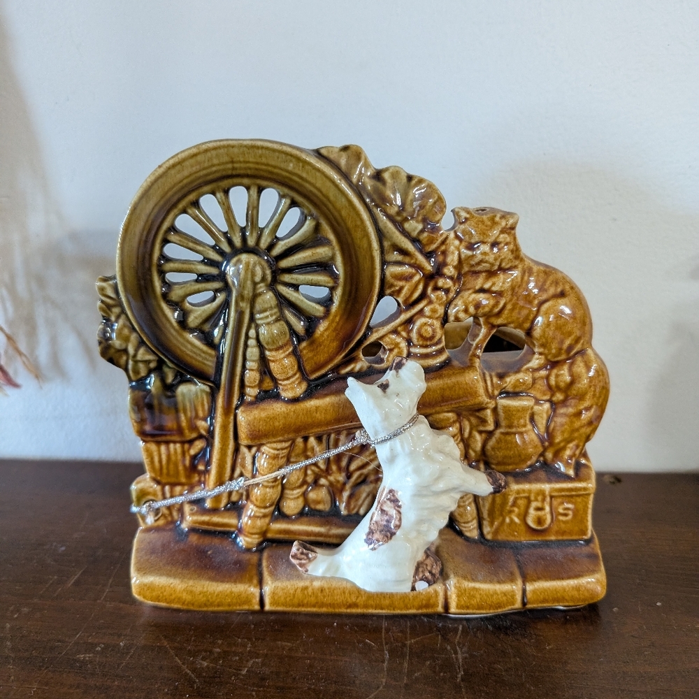 Vintage Ceramic McCoy Pottery Spinning Wheel Planter Dog Cat 1950s Decor MCM